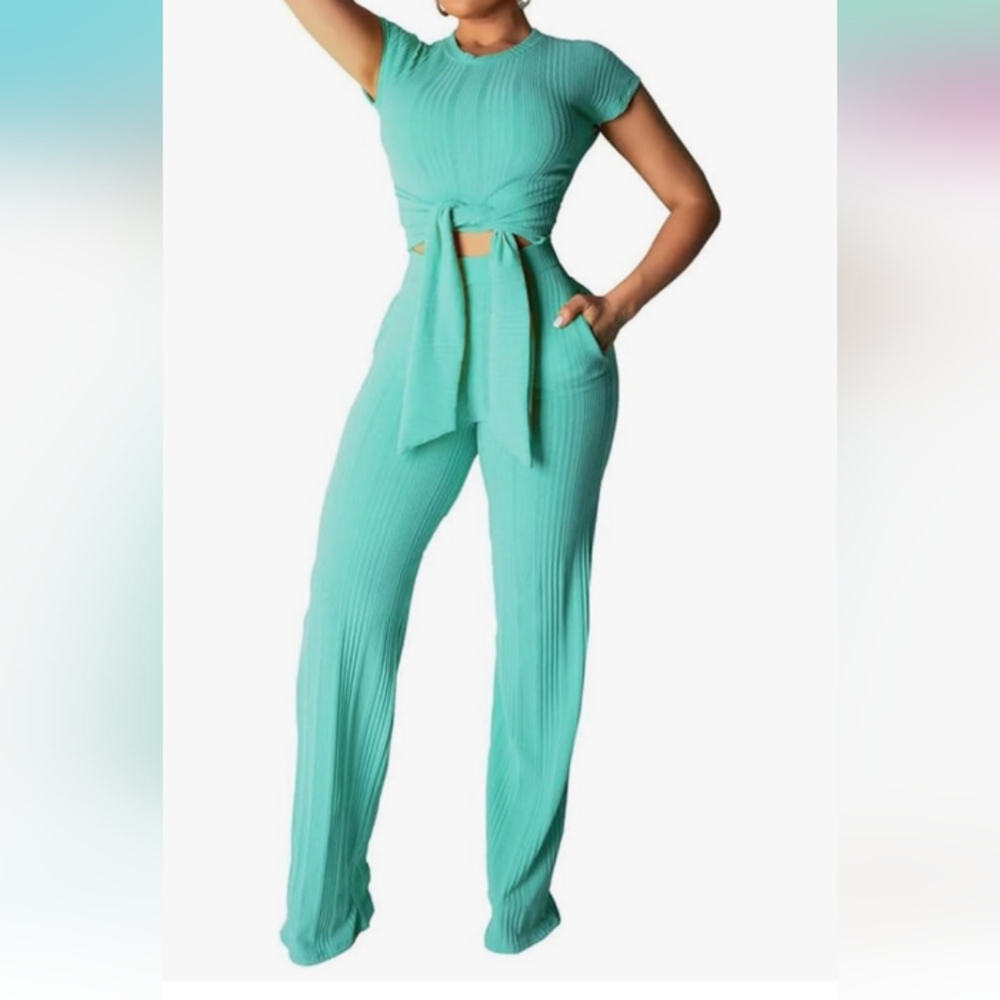 Teal Ribbed Two-Piece Set - Picture 2 of 3